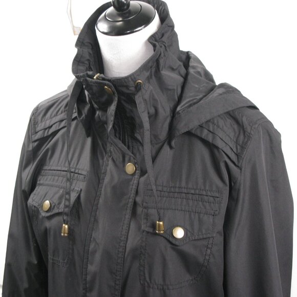 Apt. 9 Black Snap Front 3/4 Length Lightweight Hooded Jacket Size Medium - Picture 2 of 6